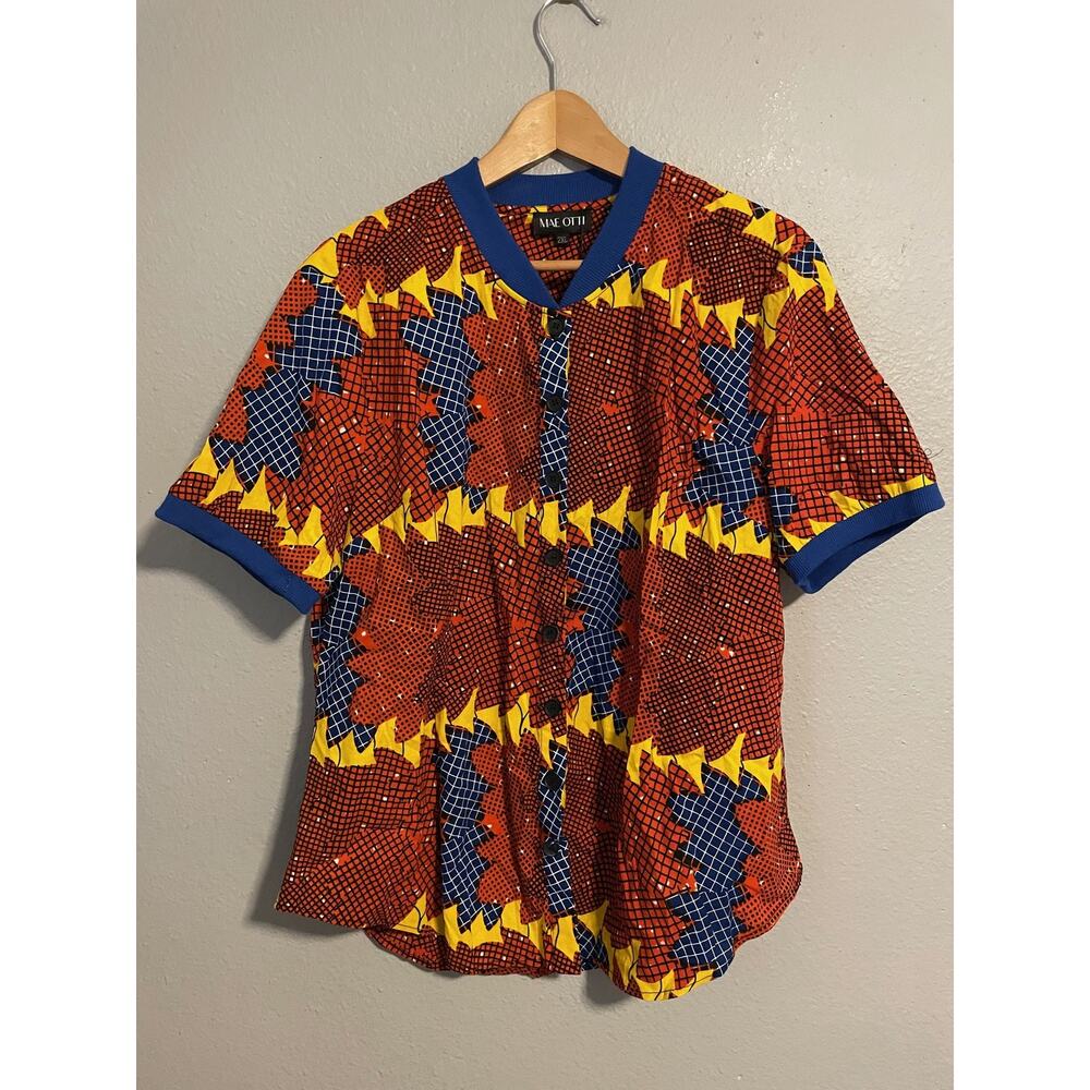 Mae Otti Top Womens 2XL Red Blue Yellow Button Up African Print Artsy NWT READ
